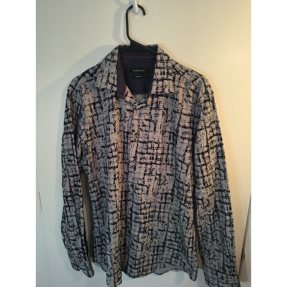 BUGATCHI Shaped Fit Men M Long Sleeve Dress Shirt Abstract Grid Dot Trim...